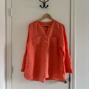 Talbots Women’s Sz XL 100% Linen Orange Tunic Top Roll Tab Sleeve Button Detail